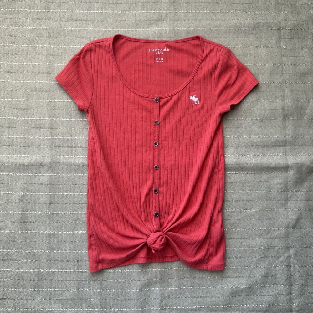 Abercrombie Kids Girls Red Coral Ribbed Button Up Shirt W/ Twist Detail Size 13